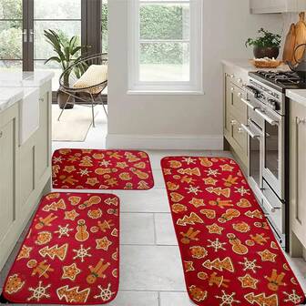 1 Christmas Festive Christmas Kitchen Mat - Gingerbread Man And Snowman Design, Non-Slip, Easy Clean, Polyester, Low Pile, Machine Washable - Perfect For Kitchen, Dining Room, Bathroom Decor, Holiday Kitchen Decor | Gingerbread Theme | Soft Textured Mat, Christmas Kitchen Decor