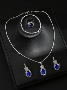 5pcs Women Jewelry Set: Necklace, Earrings, Bracelet, Ring, Rhombus Pattern, Elegant Street Style Bridal Accessories, Thanksgiving Season - Blue - View 3