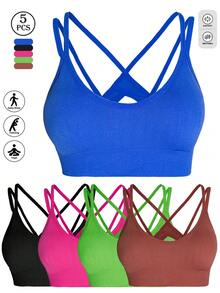 5pcs Women's Criss-Cross Back Support Sports Bras, New Spring/Summer Yoga & Fitness Lightweight Strap Sports Tops For Gym - 彩色 - 查看 14