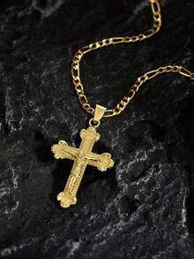 1 pieza Collar minimalista y elegante con cruz de Jesús para hombres, de estilo vintage, adecuado para exhibir la fe diaria, actividades y atuendos casuales - Amarillo Oro - Ver 8