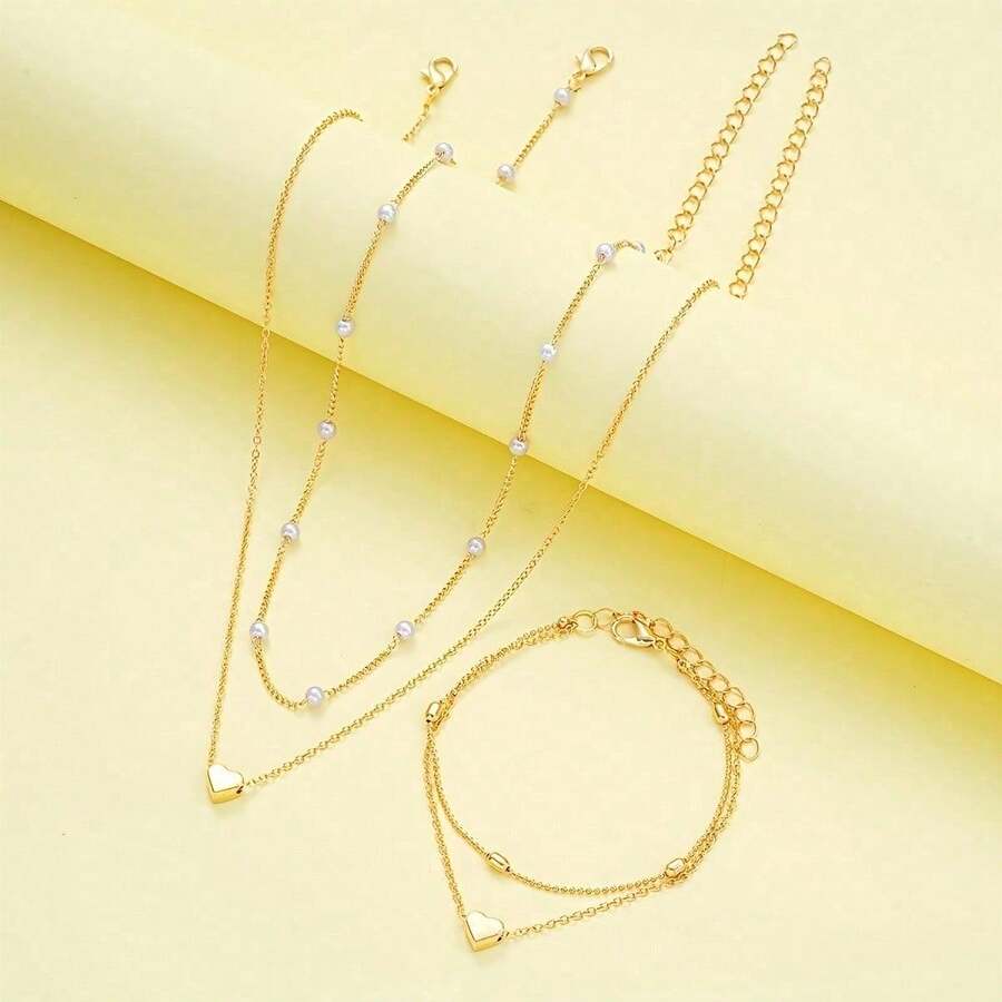 Hypoallergenic Light Luxury Delicate Golden Faux Pearls Heart - Shaped Layered Necklace And Bracelet, Stackable Daily Accessories For Autumn & Winter, Party Style, Halloween , Local Warehouse, Claim My Daily Gift, Perfect Gift For Girlfriend - vàng - Xem 1