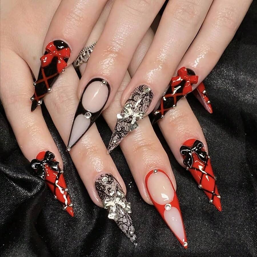 Stiletto Press On Nails Long Fake Nails Black Red Glue On Bow Charm Y2k 24Pcs Goth Acrylic False Nails Gothic Full Cover Stick On Almond Artificial Nails For Women Girls - Multicolor12 - 查看 1