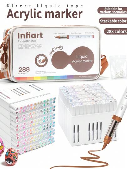 قلم تحديد سائل أكريليك ناعم مباشر، 288 لون، قابل للغسيل، للرسم الطلابي، الرسم الجداري، غير شفاف، تغطية عالية، سعة كبيرة، حقيبة قماش فاخرة، فرشاة رسم للأطفال، قلم مائي، للطلاب الفنيين