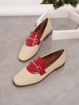 Women's Elegant Square Toe Metal Buckle Flat Shoes, Suitable For All Seasons