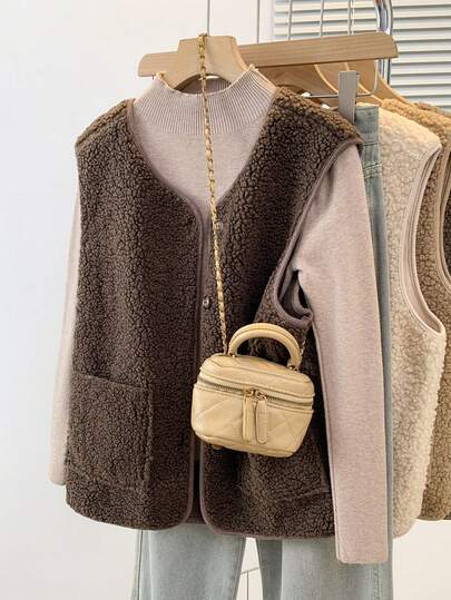 YUXIN Indispensabile per le donne in autunno e inverno! Gilet smanicato in finta pelle di montone morbida con due tasche, ultra caldo e versatile per l'uso quotidiano
