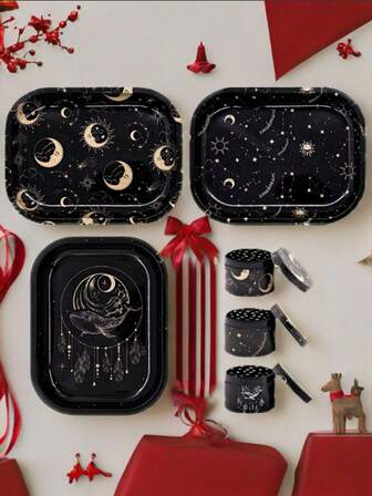 Starter Smoking Set: Includes 18cm*14cm Metal Rolling Tray And 50mm 4-Layer Grinder, Black Base With Gold Trim Style Smoking Accessories, 3 Style Options, Stylish Appearance, Easy Operation, Portable, Suitable For Home Daily Use, Birthday Party, Halloween, Christmas Gifts