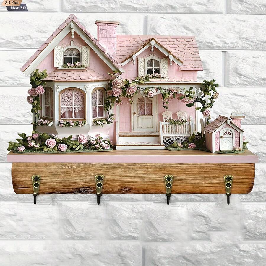 Key Holder For Wall Wooden 2D Flat Pink Village House Key Hooks Hanging Wall Decor For Entryway Living Room Home - Multicolor - View 1