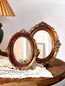 1pc Retro Oval Shaped Decorative Mirror, Antique Brass Color, Vintage Palace Style, Resin Frame, Suitable For Vanity, Jewelry Storage, Photography Props And Decoration
