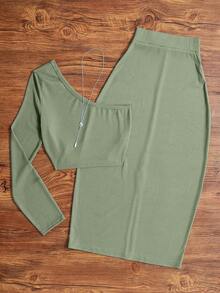 Conjunto de 2 piezas de top sin mangas con ribete de contraste y falda larga de estilo vintage elegante para mujer, primavera/verano - Verde militar - Ver 2