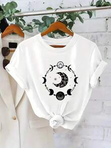 Women's 220g pure cotton multi-color T-shirt with black moon pattern printed, soft and breathable short sleeved T-shirt for all seasons, Y2K millennium style, strong Halloween, Day of the Dead, Thanksgiving, Christmas, street fashion, popular Mexican clothing T-shirt, moisture wicking, machine washable, suitable for sports and outdoor travel, casual wear, celebration parties, holiday costumes and beach vacations, women's first choice for gifts! - Blanco - Ver 1