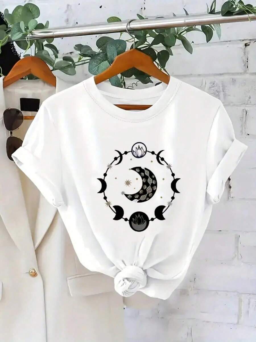 Women's 220g pure cotton multi-color T-shirt with black moon pattern printed, soft and breathable short sleeved T-shirt for all seasons, Y2K millennium style, strong Halloween, Day of the Dead, Thanksgiving, Christmas, street fashion, popular Mexican clothing T-shirt, moisture wicking, machine washable, suitable for sports and outdoor travel, casual wear, celebration parties, holiday costumes and beach vacations, women's first choice for gifts! - Blanco - Ver 1