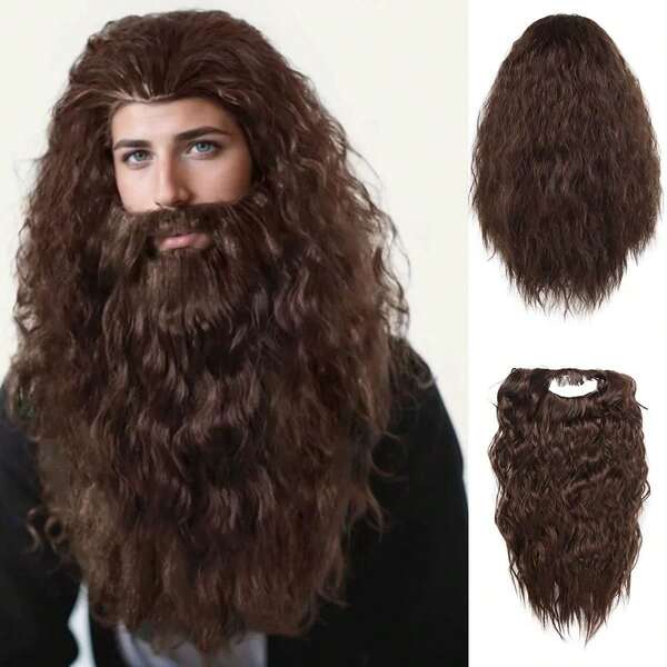 Topcosplay Men Wigs And Beard Long Staight Cosplay Halloween Costume Funny Wig Light Brown Wizard Wig