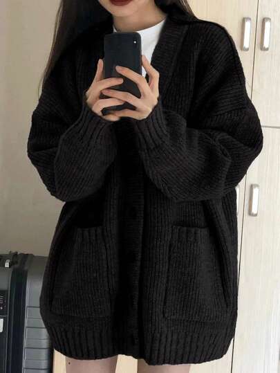 女士休闲纯色开衫，带口袋，秋冬款