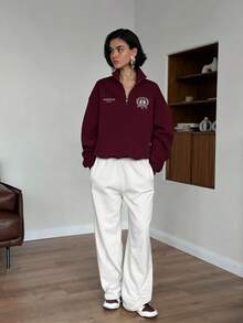 Sudadera holgada con cuello y cremallera para mujer, de manga larga y efecto estilizante, para otoño e invierno