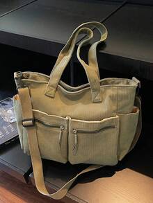 Fashionable Casual New Women's One Shoulder Tote Bag, Multi-Compartment Storage Bag, Simple Solid Color Corduroy, Multi-Pocket, Versatile, Suitable For Travel, Shopping, Sports, Commuting, Elegant Handbag