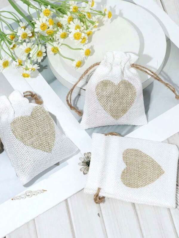 10 Pack Burlap Bags, Heart Print Drawstring Linen Gift Bags, Mini Gift Bags Jewelry Drawstring Burlap Bags, Perfect For Weddings, Bridesmaid Gift Bags, Parties, Birthdays, Thanksgiving, Christmas Party Supplies