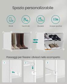 Scarpiera, Scaffale Modulare a 12 Scomparti per 48 Paia di Scarpe da Ingresso, con Sportelli, Telaio in Acciaio e Ripiani in Plastica, Camera da Letto, Bianco Nuvola - Bianco - Visualizzare 3