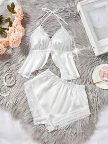 情人节礼物蕾丝缎面性感内衣套装 - 吊带开衩文胸和弹力短裤 - 女士贴身睡衣