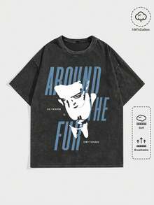 EWH MEN Street Life "D Eftones" Band "Around The Fur" 25 Years Graphic Print Vintage Washed Short Sleeve Crew Neck Men's T-Shirt,T Shirt Men,Shirts Graphic DG004 - 黑色 - 查看 1