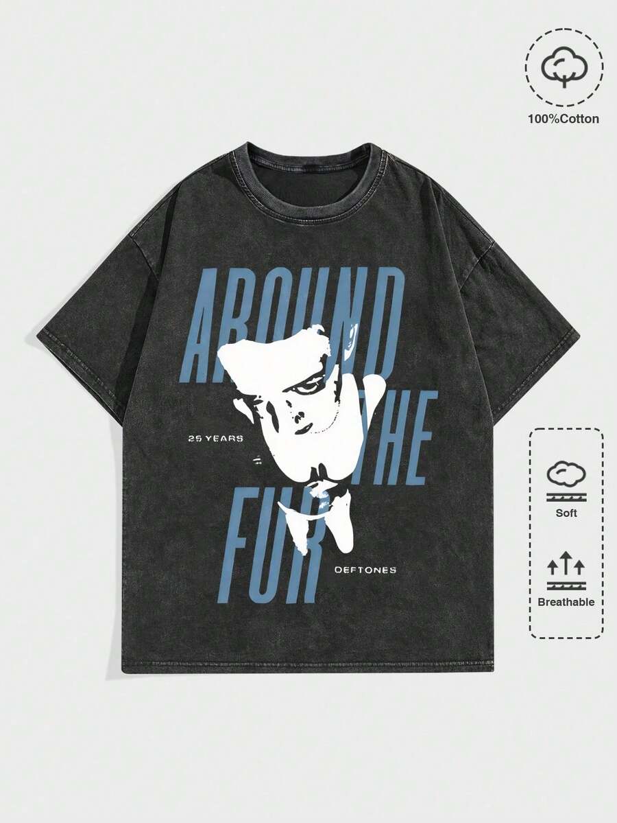 EWH MEN Street Life "D Eftones" Band "Around The Fur" 25 Years Graphic Print Vintage Washed Short Sleeve Crew Neck Men's T-Shirt,T Shirt Men,Shirts Graphic DG004 - 黑色 - 查看 1