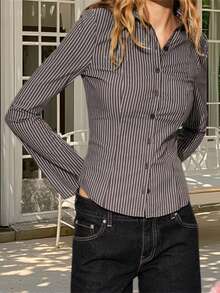 Womens Button Down Shirts Long Sleeve Stripes Print/Solid Color Slim Fit Tops Work Blouse - Marrón - Ver 4