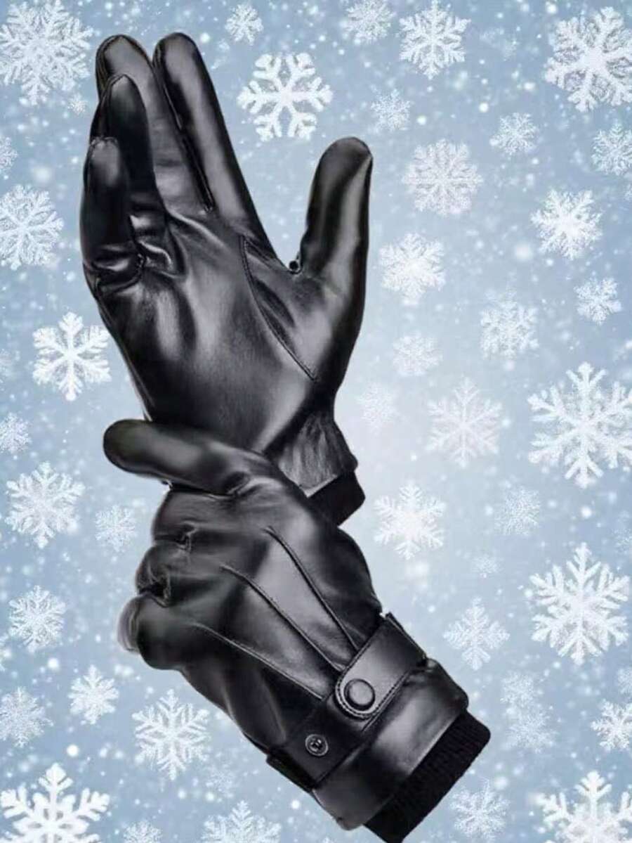 1 双男士仿皮手套,保暖内衬,防风,防水,冬季保暖手套,适合骑行、驾驶、户外活动 - 黑色 - 查看 1