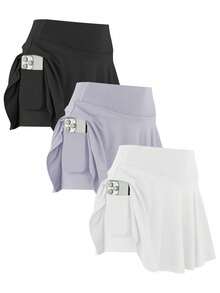 Women's 3pcs Sport Set - High Waist Skirt With Leggings & Pocket Shorts For Running - 黑色,白色和灰色 - 查看 1
