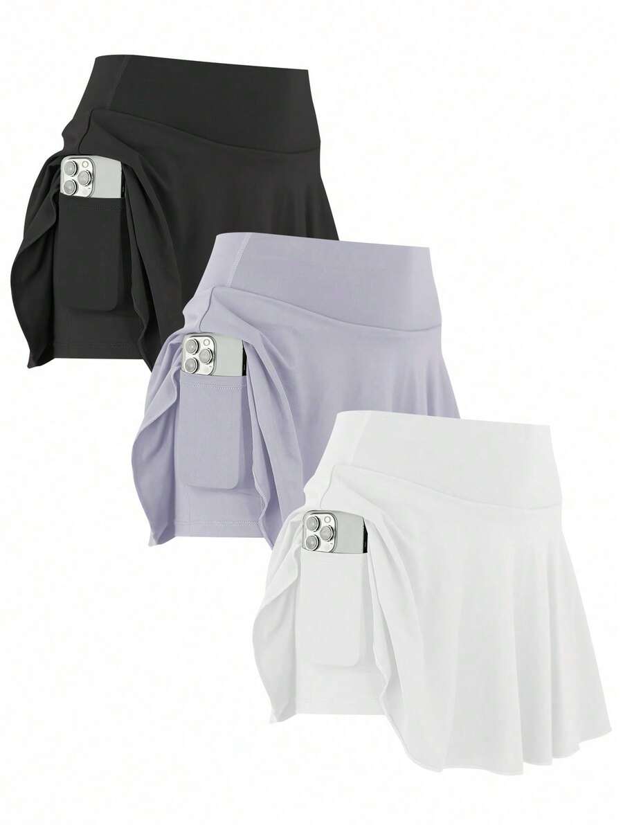 Women's 3pcs Sport Set - High Waist Skirt With Leggings & Pocket Shorts For Running - 黑色,白色和灰色 - 查看 1