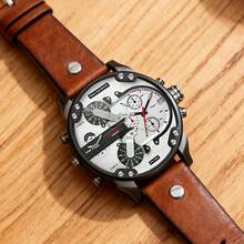 Diesel 1 Piece Oversized 57*66mm Four-Time Zone Chronograph For Men – Black & Copper Leather Strap Watch, Perfect For Business Travel, Date Night & Street Edge – DZ7394