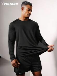 Boyfriend Style Men Solid Raglan Sleeve Curved Hem Sports Tee Long Sleeve Shirt Workout Tops Fall Fall Breathable - Black - View 7