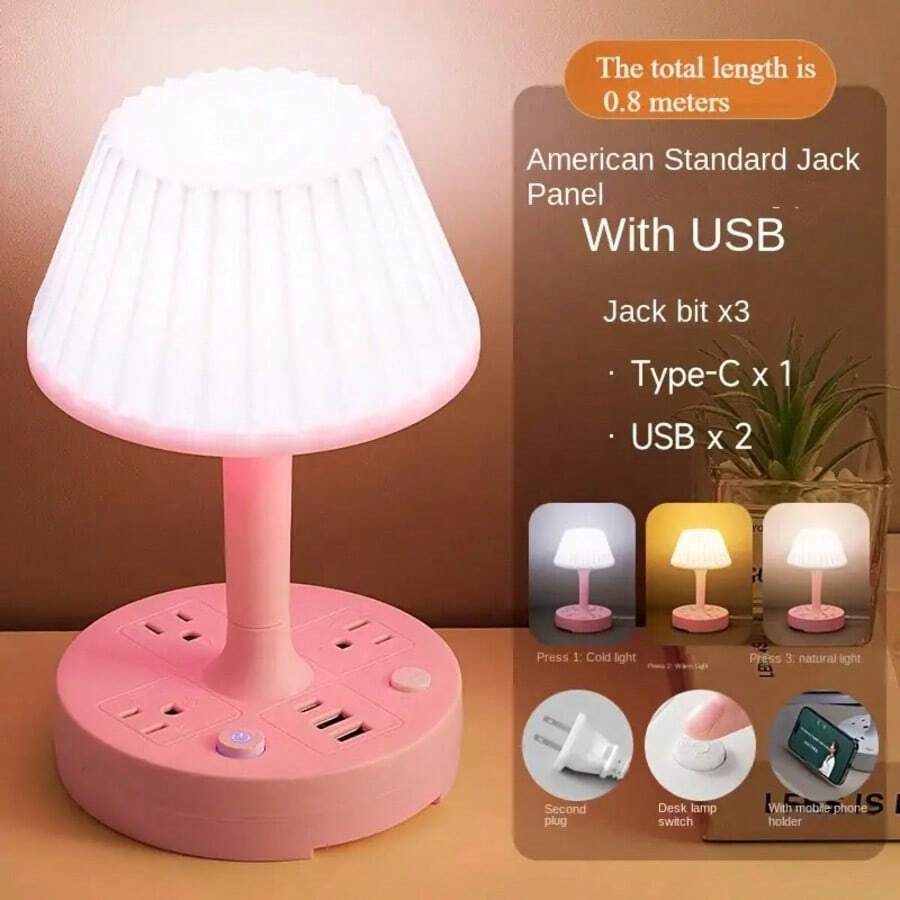 Multi-Outlet Table Lamp With Power Strip, LED Desk Lamp With USB Charging - 3-Level Dimming, Eye-Caring Lighting, Compact Design (Saves Desk Space),  Ideal For Home Office, Study Desk & Bedroom Nightstand - 粉紅色 - 查看 1