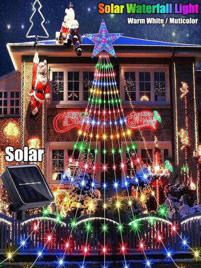 Solar Waterfall String Lights,Christmas Tree Lights Outdoor Waterproof,Garden Light String ,9 Strands,2m 200leds 3m 290leds Christmas Tree With Topper Star Lights String ,8 Modes Atmosphere Light, Fairy Lights For Garden, Wedding, Tree, Wall, Party Christmas Decoration(Warm White/Multicolor)