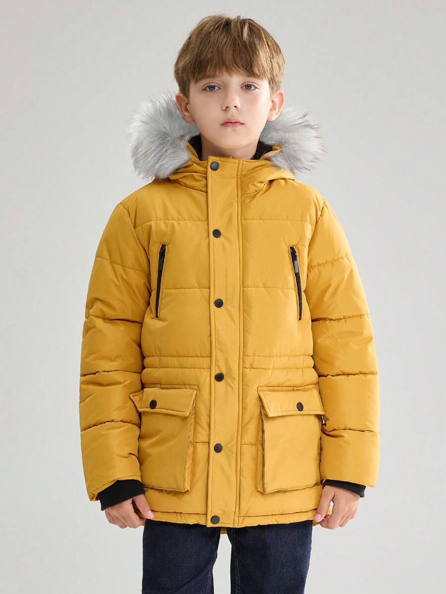 SOLOCOTE 男童加厚抓绒外套,可拆卸帽子,胸前拉链口袋,下摆口袋,防风防水,人造毛皮 - 黃色 - 查看 1