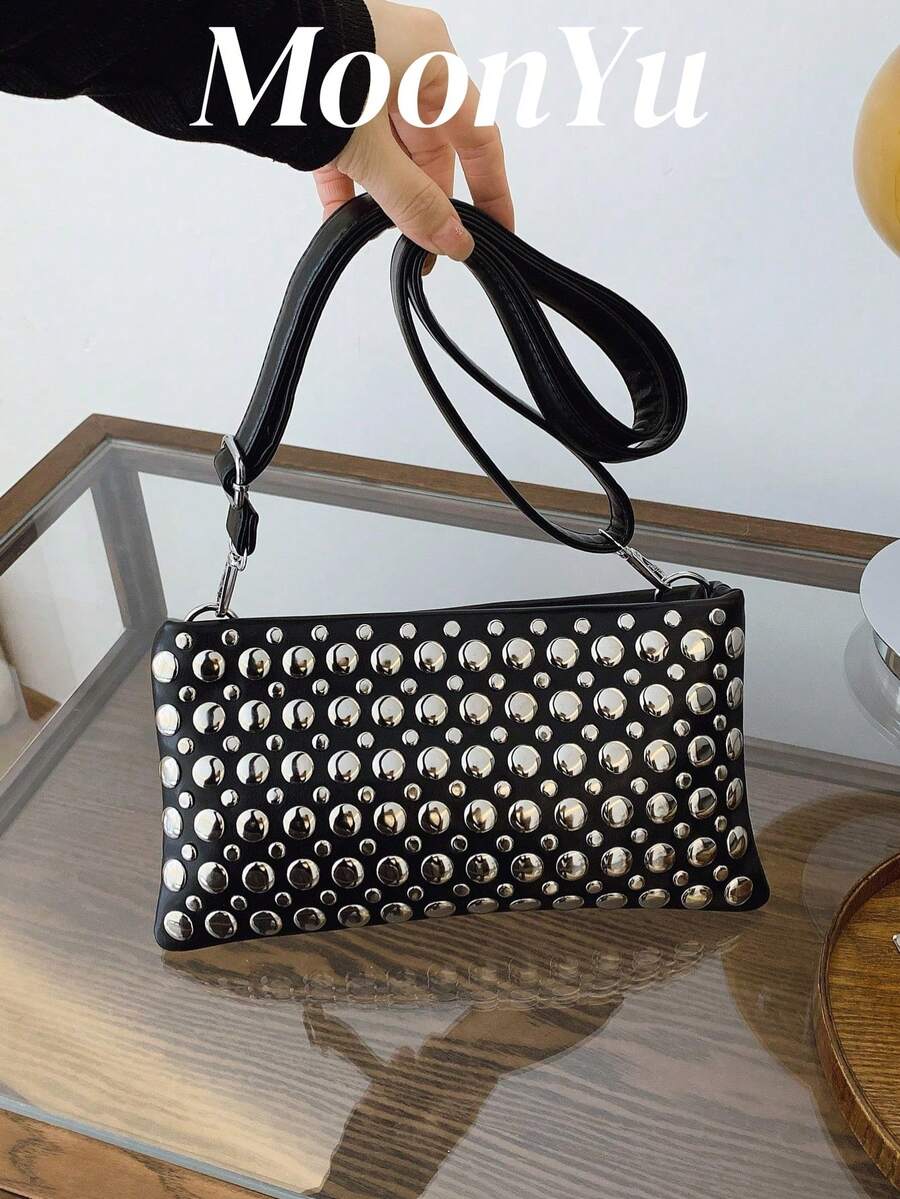 Women's Envelope Bag Punk Style Rivet Embellished Fashion Shoulder Bag, Large Capacity Black - Black - View 1