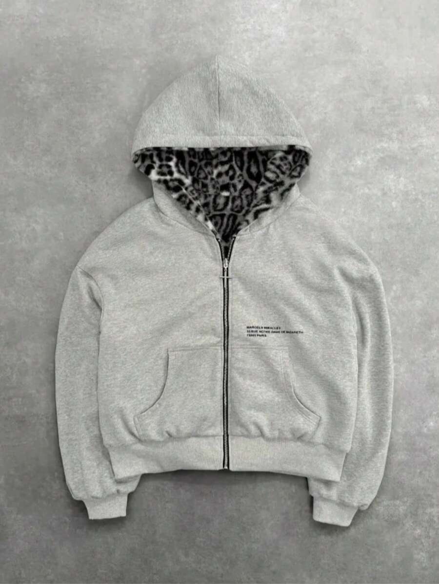 2025 European And American New Autumn And Winter Collection Hooded Sweatshirt With Reversible Retro Leopard Print Zipper Hoodie And Loose Top