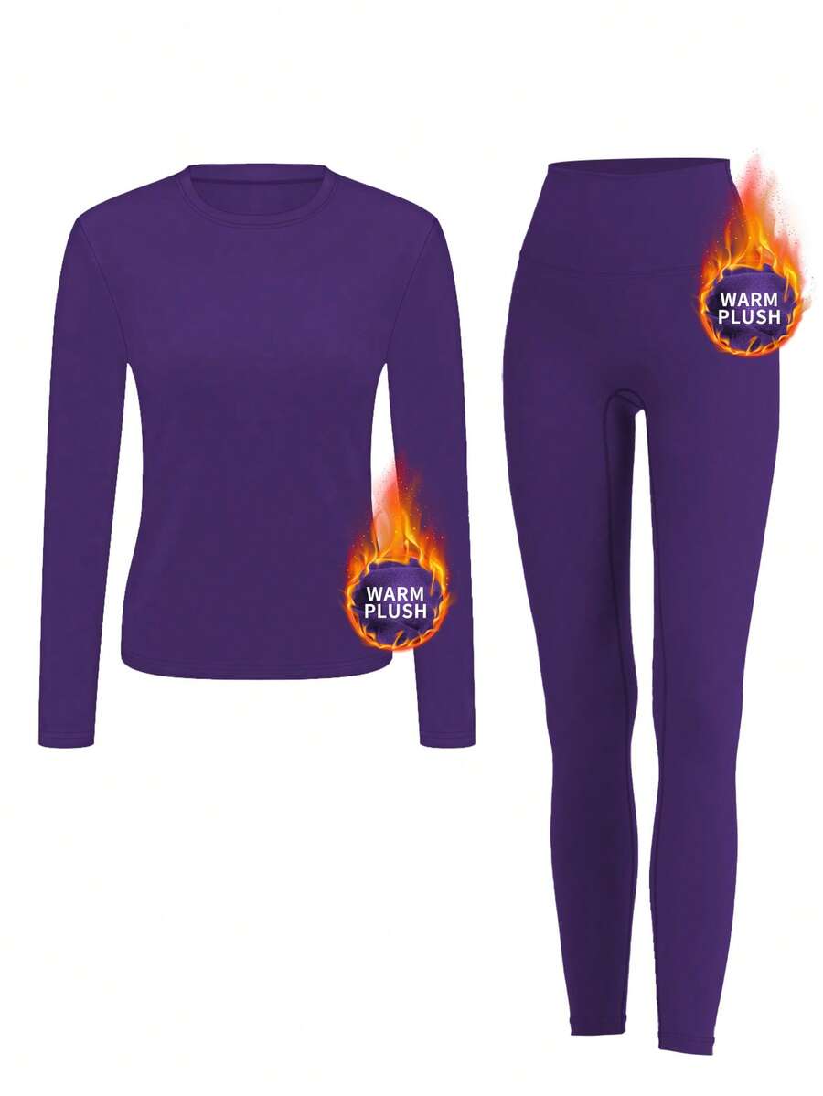 Set Pakaian Dalam Termal Wanita Warna Polos dengan Lapisan Bulu, Set Lapisan Dasar Ski dan Yoga Ketat untuk Musim Dingin - Purple - View 1