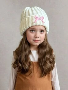 1pc Girls Embroidered Bow Knit Hat, Fashionable Toddler Girls Knit Hat For Autumn/Winter, Warm Knitted Baby Hat, White Children Knit Beanie