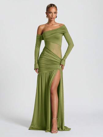 Elegant Sexy Asymmetric Shoulder Mesh Party Long Sleeve Dress, Halloween Party Super Long Dress, Christmas Party Formal Gown