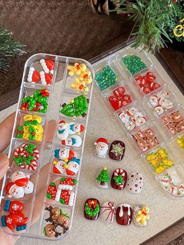 12 مجموعة مجوهرات أظافر عيد الميلاد مختلطة بسلسلة عيد الميلاد، زينة أظافر بتصميمات نجمة الثلج والأيل وبابا نويل