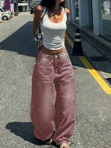 Women's Retro Washed Straight-Leg Jeans, American Design, Loose Fit, Casual Red Wide-Leg Pants, Fashionable Spring/Summer Outfit