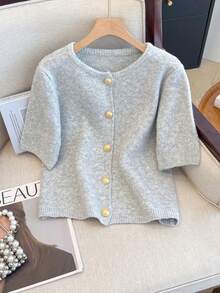 1pc Women's Solid Color Metallic Button Sweater, Casual Round Neck Short Sleeve Cardigan, Versatile Knit Sweater Tops, Autumn/Winter