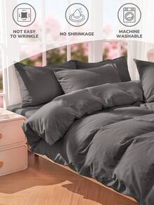 2/3件套纯色深灰色被套套装，柔软透气，亲肤舒适，简约风格，抗起球，家用纺织品，适用于单人床、双人床、大号床、特大号床，四季皆宜，时尚装饰被套套装，可机洗，适用于卧室、宿舍，通过Oeko-Tex认证 - 深灰色 - 查看 7