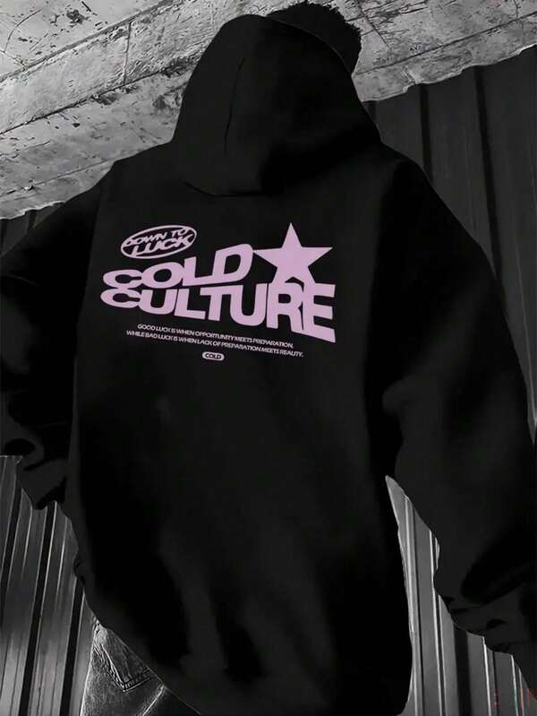 1 pieza Sudadera casual con capucha, bolsillo, mangas largas y cordón para hombre con estampado de letras y estrellas