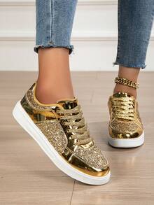 Tênis Casuais Femininos, Sapatos Sociais Brilhantes de Moda, Sapatos Plataforma Cadarço Plano, Cor Dourada Brilhante a Laser