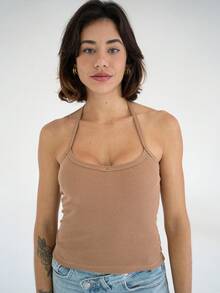 2-Piece Set: Square Neck Tank Top And Ribbed Halter Top In Cotton - Mocha Mousse - View 3