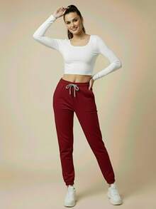 Women's Plush Jogger Sweatpants With Drawstring And Pocket | Winter Pants, Cold Weather Clothing, Comfortable, Warm, Casual, Thermal - 紫紅色 - 查看 4