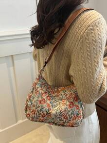 Linen Dumpling Shaped Floral Casual Handbag - Brown - View 3