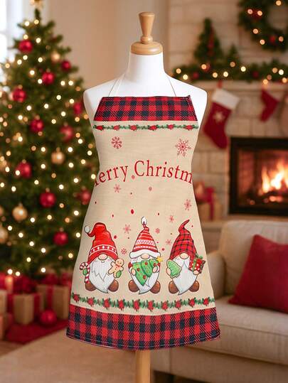 1件圣诞小矮人风格亚麻围裙，适合圣诞节假期烹饪、园艺、浴室清洁、烧烤和DIY项目，家居用品，节日厨房用品，2025年圣诞装饰，涤纶围裙，适合新年、圣诞节、冬季假期、家庭和餐厅使用，圣诞派对用品，圣诞装饰，圣诞礼物，家庭圣诞派对礼物，装饰品，圣诞用餐，圣诞装饰，派对礼品