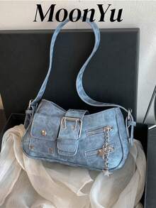 Women's Fashionable Personalized Punk Street Denim Blue Crossbody Shoulder Bag With Large Capacity, Y2k Bag, 2000s Fashion Style, Gothic Punk Bag For Women , Blue