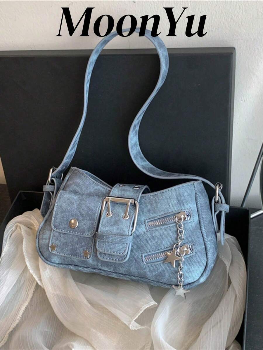 Women's Fashionable Personalized Punk Street Denim Blue Crossbody Shoulder Bag With Large Capacity, Y2k Bag, 2000s Fashion Style, Gothic Punk Bag For Women , Blue